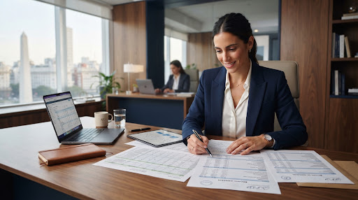 Asesora contable en su despacho revisando balances y normativas fiscales
